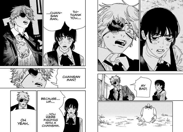 Two pages from the last chapter of Chainsaw Man. In the panels, Asa calls Denji "Chainsaw Man."