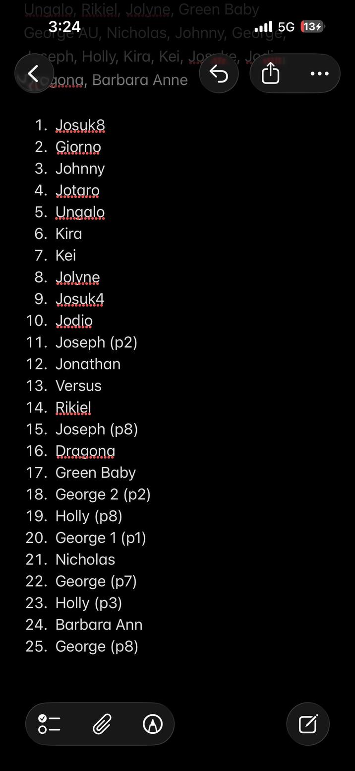 Ungalo, Rikiel, Jolyne, Green Baby 3:24 Gedige AU, Nicholas, Johnny, Gel 5G (134) seph, Holly, Kira, Kei, Jo سول <ogona, Barbara Anne 勺 1. Josuk8 2. Giorno 3. Johnny 4. Jotaro 5. Ungalo 6. Kira 7. Kei 8. Jolyne 9. Josuk4 10. Jodio 11. Joseph (p2) 12. Jonathan 13. Versus 14. Rikiel 15. Joseph (p8) 16. Dragona 17. Green Baby 18. George 2 (p2) 19. Holly (p8) 20. George 1 (p1) 21. Nicholas 22. George (p7) 23. Holly (p3) 24. Barbara Ann 25. George (p8) @