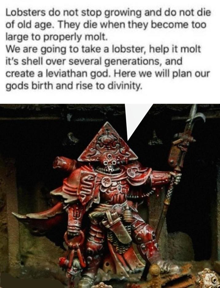 Lobsters do not stop growing and do not die of old age. They die when they become too large to properly molt. We are going to take a lobster, help it molt it's shell over several generations, and create a leviathan god. Here we will plan our gods birth and rise to divinity. Alt
