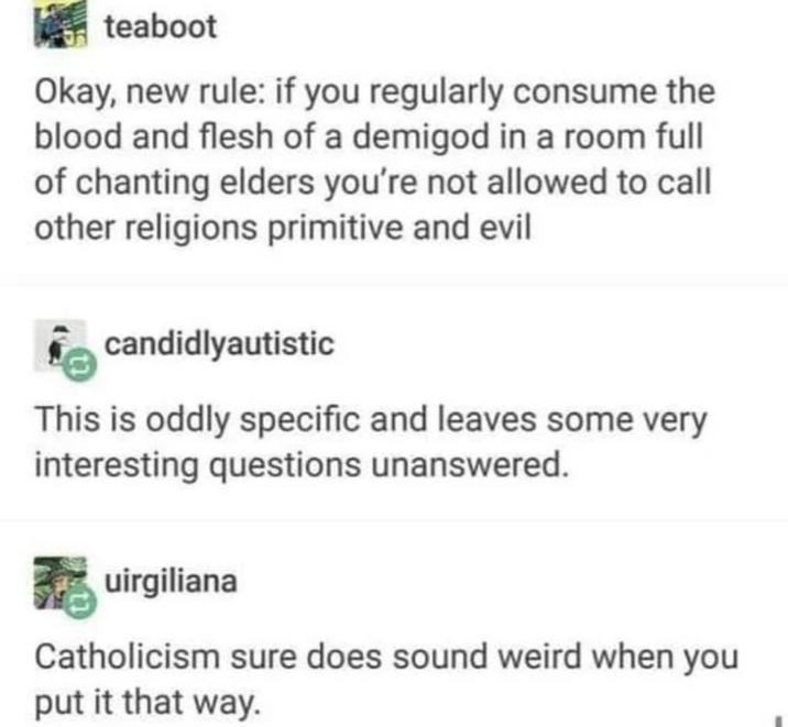 teaboot Okay, new rule: if you regularly consume the blood and flesh of a demigod in a room full of chanting elders you're not allowed to call other religions primitive and evil candidlyautistic This is oddly specific and leaves some very interesting questions unanswered. uirgiliana Catholicism sure does sound weird when you put it that way.