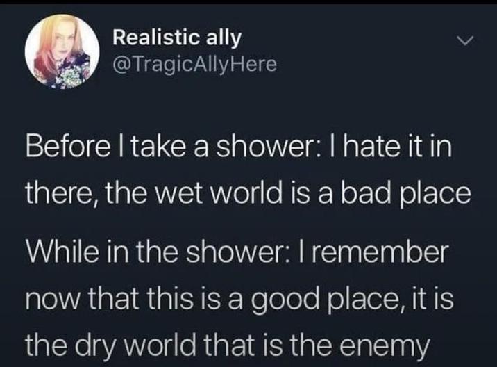 Realistic ally @TragicAllyHere Before I take a shower: I hate it in there, the wet world is a bad place While in the shower: I remember now that this is a good place, it is the dry world that is the enemy L