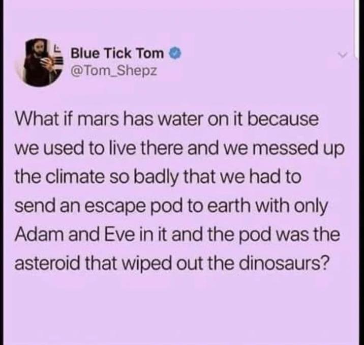 Blue Tick Tom @Tom_Shepz What if mars has water on it because we used to live there and we messed up the climate so badly that we had to send an escape pod to earth with only Adam and Eve in it and the pod was the asteroid that wiped out the dinosaurs?