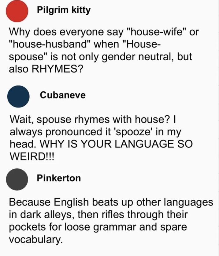Pilgrim kitty Why does everyone say "house-wife" or "house-husband" when "House- spouse" is not only gender neutral, but also RHYMES? Cubaneve Wait, spouse rhymes with house? I always pronounced it 'spooze' in my head. WHY IS YOUR LANGUAGE SO WEIRD!!! Pinkerton Because English beats up other languages in dark alleys, then rifles through their pockets for loose grammar and spare vocabulary.