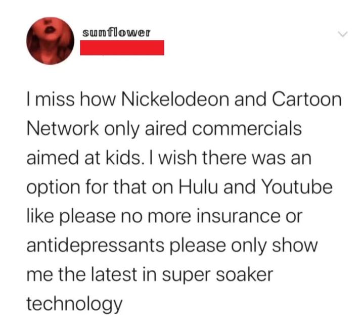 sunflower I miss how Nickelodeon and Cartoon Network only aired commercials aimed at kids. I wish there was an option for that on Hulu and Youtube like please no more insurance or antidepressants please only show me the latest in super soaker technology