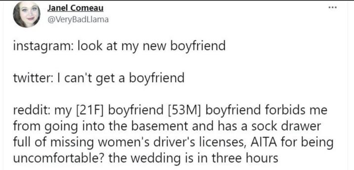 Janel Comeau @VeryBadLlama instagram: look at my new boyfriend twitter: I can't get a boyfriend reddit: my [21F] boyfriend [53M] boyfriend forbids me from going into the basement and has a sock drawer full of missing women's driver's licenses, AITA for being uncomfortable? the wedding is in three hours