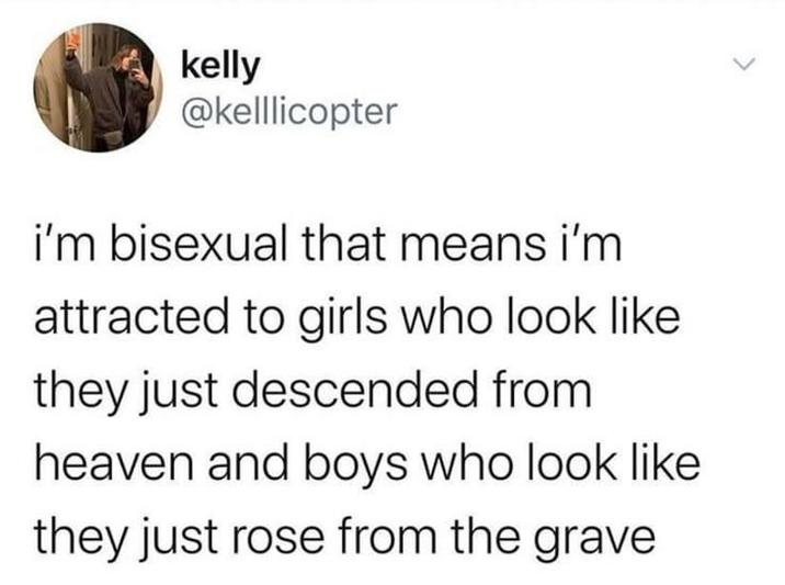 kelly @kelllicopter i'm bisexual that means i'm attracted to girls who look like they just descended from heaven and boys who look like they just rose from the grave