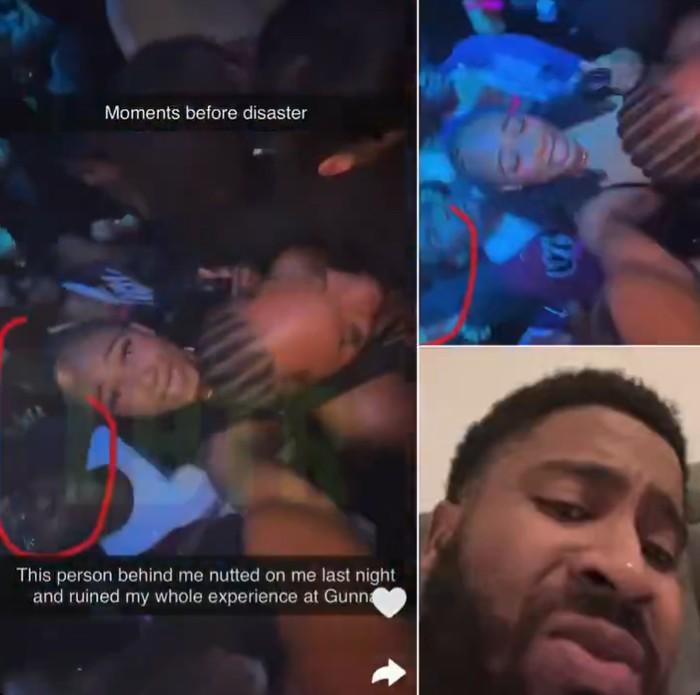 A screenshot from a video of a woman alleging that a man released himself on her during a Gunna concert in March 2026. The concert took place in late March 2026 at the O2 in London.