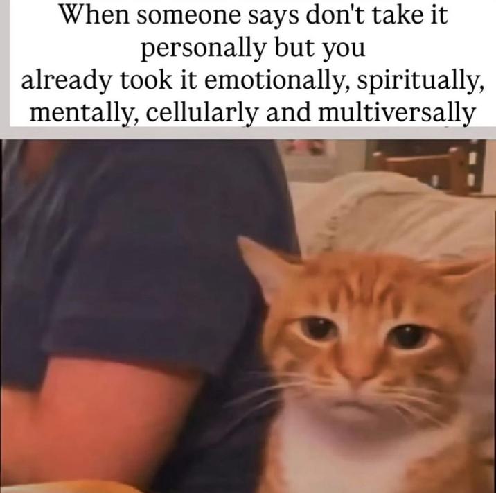 When someone says don't take it personally but you already took it emotionally, spiritually, mentally, cellularly and multiversally