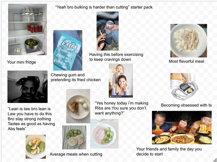 "Yeah bro bulking is harder than cutting" starter pack Your mini fridge Extra POLARIZE Extra Extra Extra FOAR ICE POLAR PARICE Having this before exercising to keep cravings down Chewing gum and pretending its fried chicken a alamy stock photo "Lean is law bro lean is Law you have to do this Bro stay strong nothing Tastes as good as having Abs feels" Most flavorful meal "Yes honey today i'm making Ribs are You sure you don't want anything?" Becoming obsessed with ts Average meals when cutting Your friends and family the day you decide to start