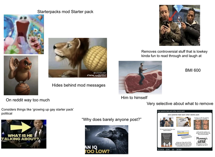Starterpacks mod Starter pack On reddit way too much @xylonebula Tik Tok-kommentista @ol keggin ed Hides behind mod messages Considers things like 'growing up gay starter pack' political its ouverts d'T Tok Removes controversial stuff that is lowkey kinda fun to read through and laugh at Him to himself "Why does barely anyone post?" L ENCE WHAT IS HE TALKING ABOUT? ++ AN IQ TOO LOW? BMI 600 Very selective about what to remove Your parents hate each other starter pack your parents hate each other starter pack DISSOLUTION MARRIAGE "oh you sound just like your father/mother!" Lexapro 10 mg Adult Children o Emotionally Immature Parents Ding 1.1K 46 coming up with the seating chart at your wedding: using your free will to FOIA request the police record from that one fight they have wildly contradictory accounts of both parents asking you things to get info they can use as ammunition Mommy's LITTLE weapon to use! against her ex Share