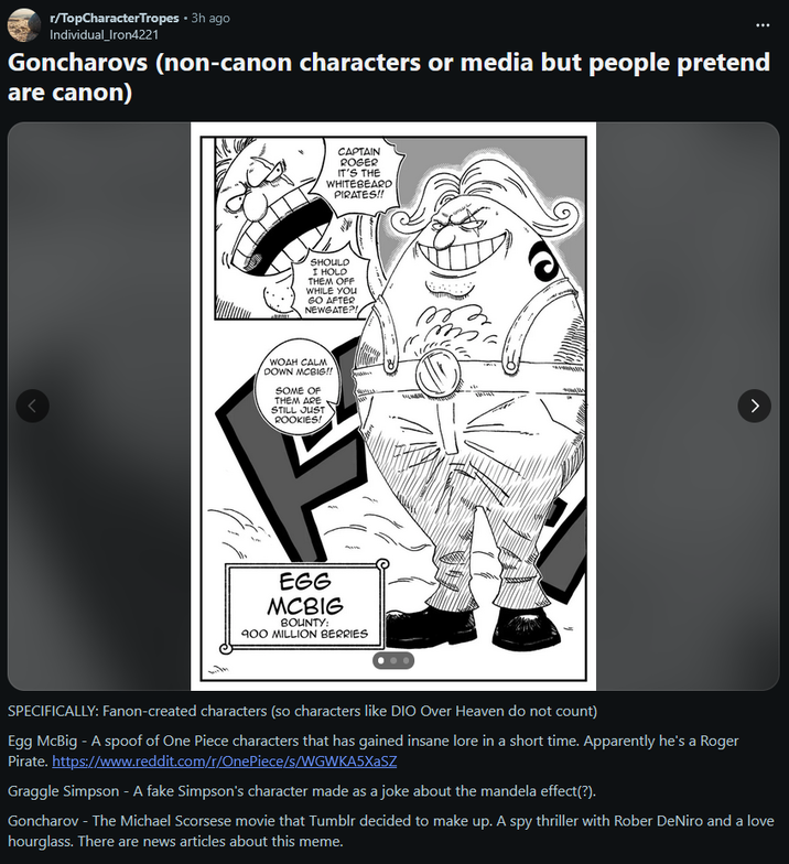 Screenshot of a Reddit post regarding Egg McBig made by Individual_Iron4221 on r/TopCharacterTropes, posted on March 26th, 2026.