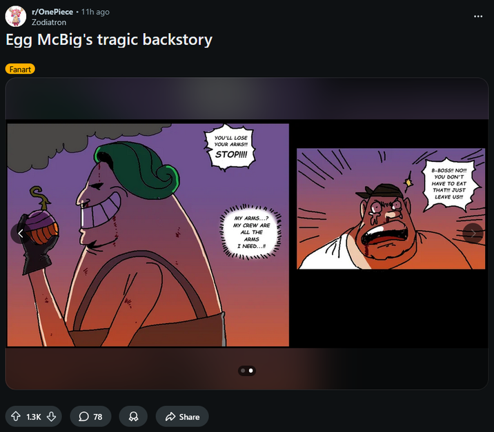 Screenshot of the second slide of the "Egg McBig's tragic backstory" post by Zodiatron, posted on Reddit on March 26th, 2026.