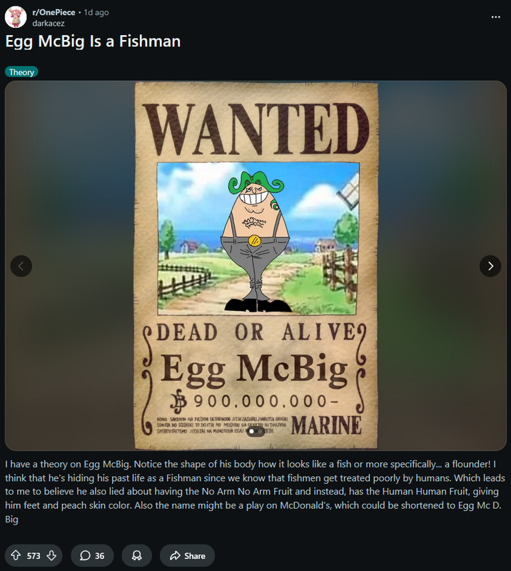 Screenshot of a Reddit post theorizing Egg McBig's Fishman origins by Reddit user darkacez, posted on March 25th, 2026.