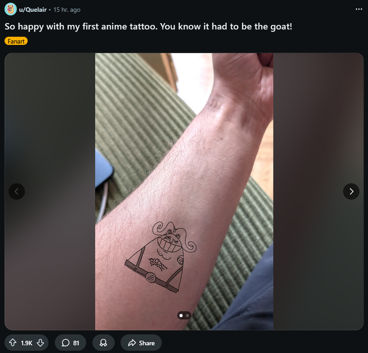 Screenshot of a Reddit post depicting a supposed tattoo of Egg McBig by Reddit user Quelair, posted on March 26th, 2026.
