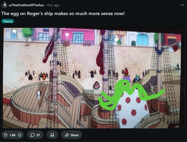 Screenshot of a Reddit post suggesting the mysterious egg on Roger's ship was Egg McBig all along, by Reddit user TheFirstSonOfTheSea, posted on March 26th, 2026.