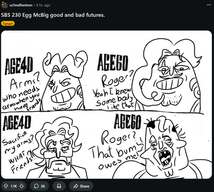 Screenshot of a Reddit post showing a "good and bad futures" SBS-style column by imdfantom, posted on March 26th, 2026.

Note: SBS is series creator Eiichiro Oda's own name (質問を募集する, Shitsumon o Boshū Suru?, "I'm Taking Questions") for the special columns featured at the end of each chapter. Most of the time they're used for simple Q&A between fans, but they can also feature a host of other things from time to time.