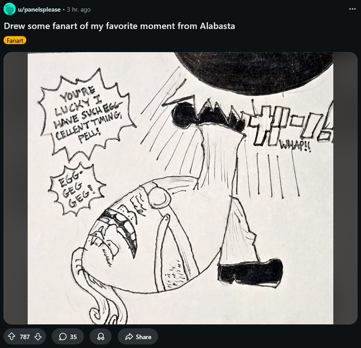 Screenshot of a fan illustration of Egg McBig by panelsplease, posted on Reddit on March 26th, 2026.