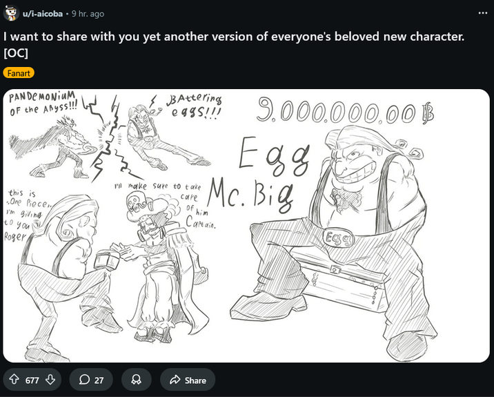 Screenshot of a fan illustration of Egg McBig by i-aicoba, posted on Reddit on March 26th, 2026.