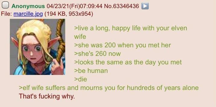 ☐ Anonymous 04/23/21(Fri)07:09:44 No.63346436 File: marcille.jpg (194 KB, 953x954) >live a long, happy life with your elven wife >she was 200 when you met her >she's 260 now >looks the same as the day you met >be human >die >elf wife suffers and mourns you for hundreds of years alone That's f------ why.