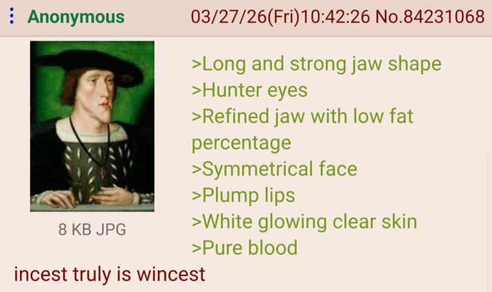 : Anonymous 8 KB JPG 03/27/26(Fri)10:42:26 No.84231068 >Long and strong jaw shape >Hunter eyes >Refined jaw with low fat percentage >Symmetrical face >Plump lips >White glowing clear skin >Pure blood i----- truly is wincest