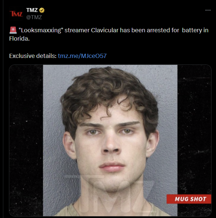 TMZ TMZ @TMZ "Looksmaxxing" streamer Clavicular has been arrested for battery in Florida. Exclusive details: tmz.me/MJce057 MUG SHOT