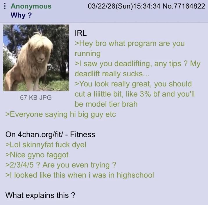 Anonymous Why? 03/22/26(Sun)15:34:34 No.77164822 67 KB JPG IRL >Hey bro what program are you running >I saw you deadlifting, any tips? My deadlift really sucks... >You look really great, you should cut a little bit, like 3% bf and you'll be model tier brah >Everyone saying hi big guy etc On 4chan.org/fit/ - Fitness >Lol skinnyfat f--- dyel >Nice gyno f----- >2/3/4/5? Are you even trying? >I looked like this when i was in highschool What explains this?