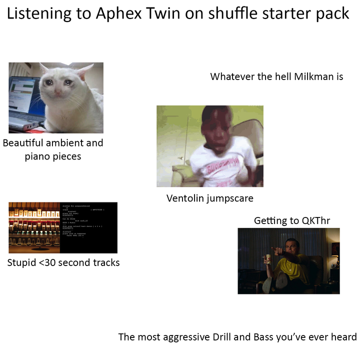 Listening to Aphex Twin on shuffle starter pack Beautiful ambient and piano pieces diskat ALL preparedimixed snacz plane un arpej DISKPREPTA hat 26 20126 0035 1-Audi audi_12 disk prep calcec2 baen dance (10) diskhat? plane un10 it happened hat5e 0001 rec-4 Stupid <30 second tracks Whatever the hell Milkman is Ventolin jumpscare Getting to QKThr The most aggressive Drill and Bass you've ever heard