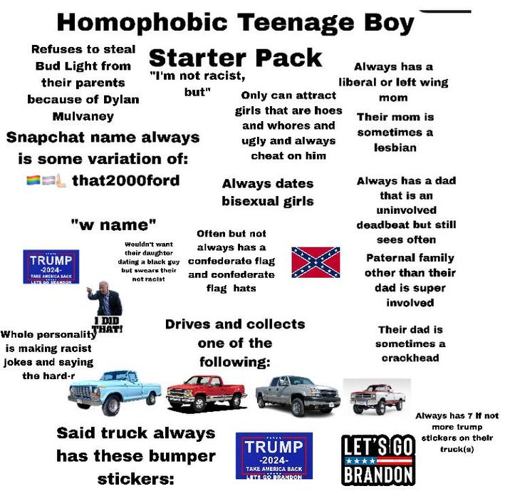 Homophobic Teenage Boy Refuses to steal Bud Light from their parents because of Dylan Mulvaney Starter Pack "I'm not racist, but" Snapchat name always is some variation of: TRUMP -2024- TAKE AMERICA BACK LETS DO BEANBOR that2000ford "w name" מונם ! Wouldn't want their daughter dating a black guy THAT! Whole personality is making racist jokes and saying the hard-r but swears their not racist Only can attract girls that are hoes and w----- and ugly and always cheat on him Always dates bisexual girls Often but not always has a confederate flag and confederate flag hats Drives and collects one of the following: Always has a liberal or left wing mom Their mom is sometimes a lesbian Always has a dad that is an uninvolved deadbeat but still sees often Paternal family other than their dad is super involved Their dad is sometimes a crackhead Said truck always has these bumper stickers: TRUMP -2024- TAKE AMERICA BACK LETS GO BRANDON LET'S GO BRANDON Always has 7 If not more trump stickers on their truck(s)