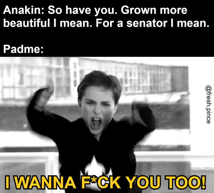 Anakin: So have you. Grown more beautiful I mean. For a senator I mean. Padme: @fresh.pince I WANNA F*CK YOU TOO!