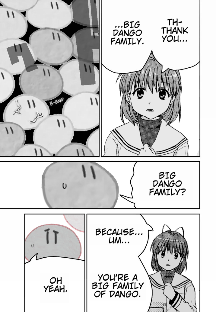 Nagisa from the Clannad manga by MIsaki Juri, Dangos from the Clannad anime Season 1 ED