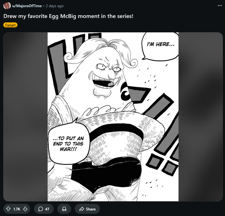 Screenshot of a Reddit post by MajoraOfTime, featuring their fan art of Egg McBig. Posted March 27th, 2026.