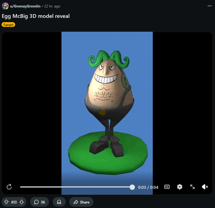 Screenshot of a Reddit post by GremzyGremlin, featuring a 3D model they created of Egg McBig. Posted March 27th, 2026.