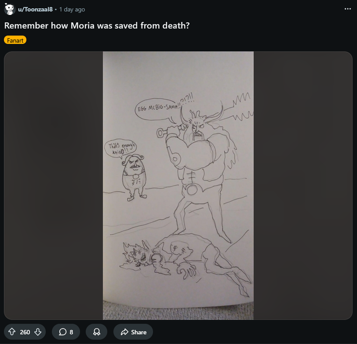 Screenshot of a Reddit post by Toonzaal8, featuring their fan art of Egg McBig. Posted March 27th, 2026.