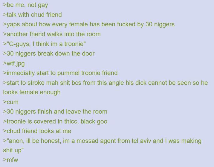>be me, not gay >talk with chud friend >yaps about how every female has been f----- by 30 n------ >another friend walks into the room >"G-guys, I think im a troonie" >30 n------ break down the door >w--.jpg >inmediatly start to pummel troonie friend >start to stroke mah s--- bcs from this angle his d--- cannot be seen so he looks female enough >c-- >30 n------ finish and leave the room >troonie is covered in thicc, black goo >chud friend looks at me >"anon, ill be honest, im a mossad agent from tel aviv and I was making s--- up" >mfw
