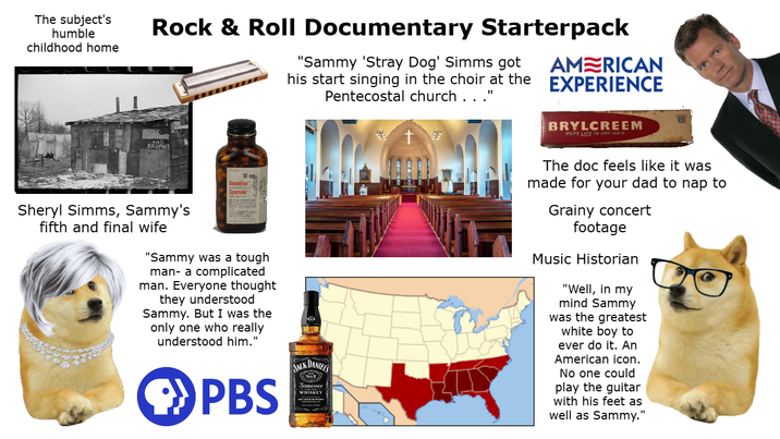 The subject's humble childhood home Rock & Roll Documentary Starterpack "Sammy 'Stray Dog' Simms got AMERICAN his start singing in the choir at the EXPERIENCE Pentecostal church . . . "I BRYLCREEM PUTS LIFE IN DRY HAIR Sheryl Simms, Sammy's fifth and final wife 10 mg Dexedrine Spansule "Sammy was a tough man- a complicated man. Everyone thought they understood Sammy. But I was the only one who really understood him." PBS JACK DANIEL'S Jennessee WHISKEY The doc feels like it was made for your dad to nap to Grainy concert footage Music Historian "Well, in my mind Sammy was the greatest white boy to ever do it. An American icon. No one could play the guitar with his feet as well as Sammy."