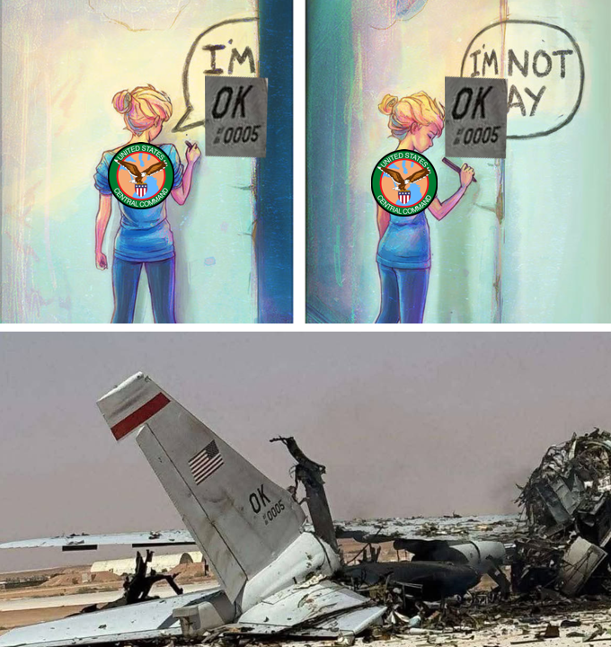 An E-3 Sentry AWACS aircraft with the tail number 81-0005 and the tail code OK (based out of Tinkler AFB, Oklahoma) was "damaged":https://www.airandspaceforces.com/key-e-3-awacs-aircraft-damaged-iranian-attack-saudi-air-base/ in Saudi Arabia by an Iranian missile attack. The aircraft was, as a matter of fact, not OK.