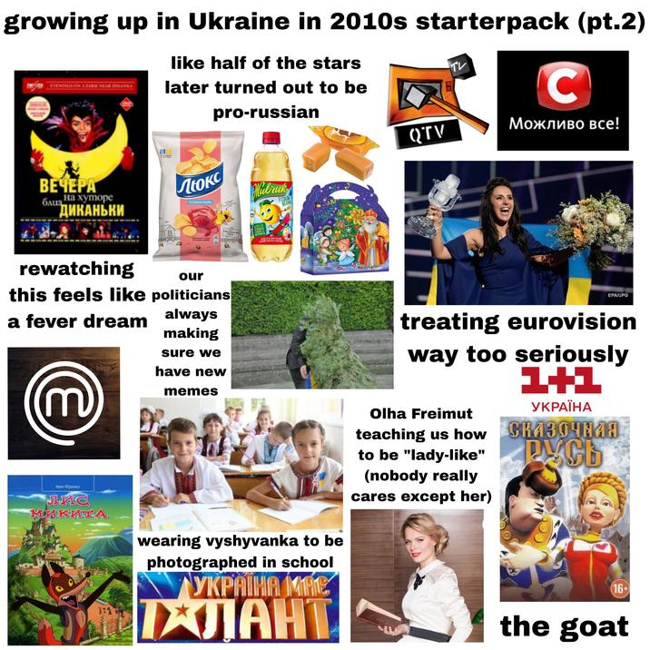 growing up in Ukraine in 2010s starterpack (pt.2) like half of the stars TV TER EVENINGS ON A FARM NEAR DIKANKA later turned out to be B ЗРОБЛЕНО В УКРАЇНІ ВЕЧЕРА близ на хуторе ДИКАНЬКИ rewatching ☑ поле GASPYKA картопляні чипси зі смаком краба our this feels like politicians a fever dream always Люкс зі смаком краба pro-russian Смажимо Ha 100% COMO никовій Hubruk 3 COKOM ЯБЛУКА C QTV KOPI Можливо все! картоплюксове ИСТИТЬ СІК STA EXIHALENO BITAMIHM TA MAPOENEMENTM НАРІЙ БЕЗАЛКОГОЛЬНИЙ СОКОВИЙ СИЛЬНОГАЗОВАНИЯ EPA/UPG m Іван Франко JLAC HAKATA 1:1 making sure we have new memes wearing vyshyvanka to be photographed in school УКРАЇНА МНЕ ГАЛАНТ treating eurovision way too seriously 1+1 Olha Freimut УКРАЇНА teaching us how СКАЗОЧНАЯ to be "lady-like" (nobody really cares except her) PYCH 16+ the goat