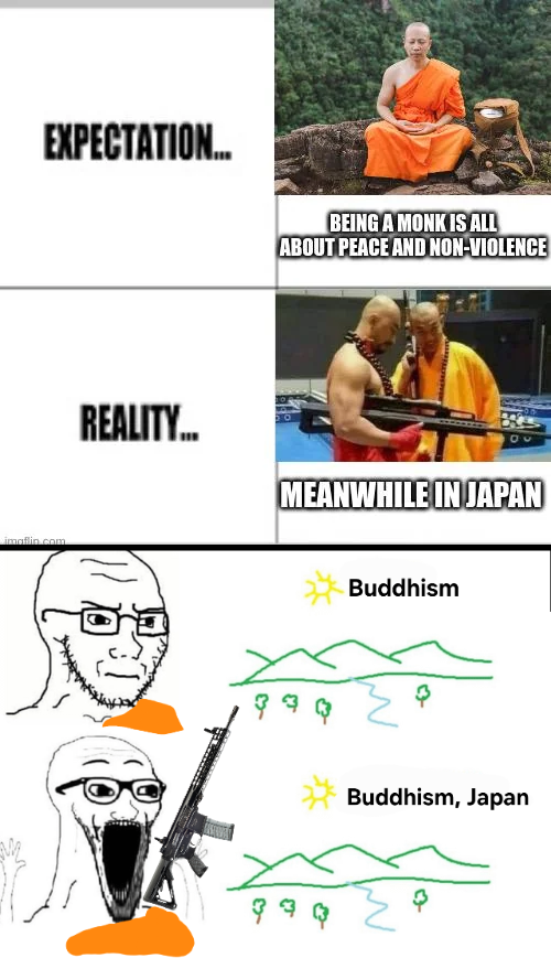 EXPECTATION... imaflin.com BEING A MONK IS ALL ABOUT PEACE AND NON-VIOLENCE REALITY... MEANWHILE IN JAPAN १ १५ Buddhism Buddhism, Japan