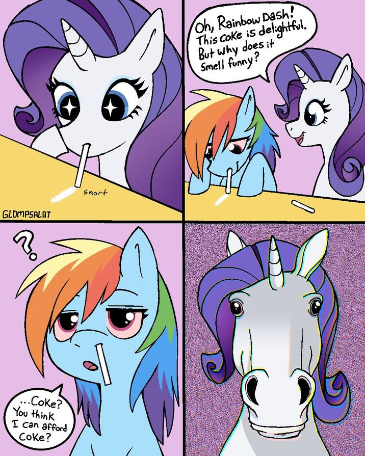 GLOMPSALOT ? Snort ...Coke? You think I can afford Coke? Oh, Rainbow Dash! This coke is delightful. But why does it Smell funny?