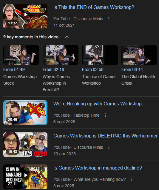 13:32 GAMES WORKSH Is This the END of Games Workshop? YouTube - Discourse Minis 11 oct 2021 9 key moments in this video From 01:49 From 02:16 From 02:50 From 03:44 Games Workshop Stock Why is Games Workshop in Freefall? The rise of Games The Global Health Workshop Crisis 20:46 Ela We're Breaking up with Games Workshop... YouTube - Tabletop Time 6 sept 2025 Games Workshop is DELETING this Warhammer YouTube - Discourse Minis 15:43 IT'S OVER 23 abr 2025 IS GW IN MANAGED DECLINE? 27:11 HISIS Is Games Workshop in managed decline? YouTube - What are you Painting now? 8 nov 2025