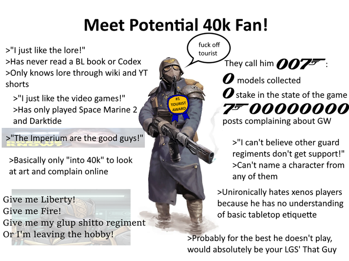 >"I just like the lore!" Meet Potential 40k Fan! >Has never read a BL book or Codex >Only knows lore through wiki and YT shorts >"I just like the video games!" >Has only played Space Marine 2 and Darktide >"The Imperium are the good guys!" >Basically only "into 40k" to look at art and complain online Give me Liberty! Give me Fire! Give me my glup shitto regiment Or I'm leaving the hobby! #1 TOURIST AWARD f--- off tourist They call him 0077: models collected stake in the state of the game 7700000000 posts complaining about GW >"I can't believe other guard regiments don't get support!" >Can't name a character from any of them >Unironically hates xenos players because he has no understanding of basic tabletop etiquette >Probably for the best he doesn't play, would absolutely be your LGS' That Guy