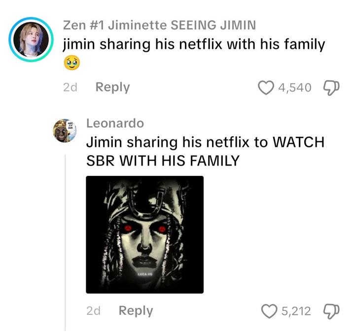 Zen #1 Jiminette SEEING JIMIN jimin sharing his netflix with his family 2d Reply Leonardo 4,540 Jimin sharing his netflix to WATCH SBR WITH HIS FAMILY LUCA VO 2d Reply 5,212