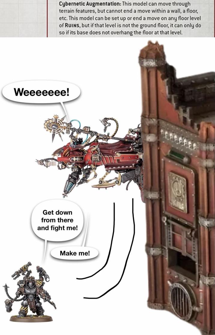 Weeeeeee! 1000000 Get down from there and fight me! Make me! Cybernetic Augmentation: This model can move through terrain features, but cannot end a move within a wall, a floor, etc. This model can be set up or end a move on any floor level of RUINS, but if that level is not the ground floor, it can only do so if its base does not overhang the floor at that level.