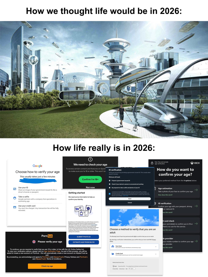 How we thought life would be in 2026: VLZ 8000-00 How life really is in 2026: Google Choose how to verify your age This usually takes just a few minutes Use your ID Share an image of your government-issued ID, like a driver's license or passport. Take a selfie Google partners with a company that specializes in estimating age. Use your credit card You won't be charged. Any transaction fee will be fully refunded. We need to check your age To access certain content and features on Spotif to make sure you're 18 or older. This won't tal Confirm I'm 18+ Not now Getting started We need some information to help us confirm your identity. 0= ID verification Verify your account by providing a government-issued ID. This usually takes about 5 minutes. What you will need: Prepare a government-issued ID ● Check if your device's camera is uncovered and working Be prepared to take a selfie and photos of your ID I consent to X and Au10tix using images of my ID and my selfie, including extracted biometric data, to confirm my identity and for X's related safety and security purposes, including preventing impersonation. Au10tix may store such data for up to 30 days. Learn more Start Cancel Fast, free and private age verification. How do you want to confirm your age? XBOX Select your preferred method from the 4 options below: Age estimation Take a photo of your face to confirm your age. How does this work? ID verification Confirm your age with your passport, driving → e or national ID. oes this work? P--- hub Please verify your age By clicking one of the buttons below, you confirm that you consent to Reddit's service provider, Persona to collect and process your information to verify your age in accordance with its Privacy Policy. Depending on the method of verification, that processing could include Persona processing your biometric information and storing it for up to 7 days. Reddit will receive and store your birthday and verification status in your account but does not retain any other data relating to the verification. SUBMIT PHOTO ID ESTIMATE AGE FROM SELFIE Choose a method to verify that you are an adult The Bluesky Social Team has partnered with KWS to confirm that you are an adult. By selecting a verification method below, you confirm that you have read KWS' Privacy Policy. it card check your card details to confirm you're 18 or →→ There's no cost for this service. oes this work? le provider your mobile number to confirm your age → Face Scan We use Yot to scan your facial features and estimate your age To continue, we are required to verify that you are 18 or older, in line with the UK Online Safety Act. To view your verification options, please visit our Age Verification Page. As part of this process, you will be asked to create a new account on Pornhub - this will automatically create a new account on Allpass Trust as well. By proceeding, you acknowledge and agree to Pornhub's and Allpass Trust's Privacy Notices and Pornhub's and Allpass Trust's Terms & Conditions. Credit Card We use Stripe to authorise your card. Your card will not be charged. Check my age Bluesky Social Privacy Policy KWS Powered by KWS-The Leading Parent Verification and Consent Service Privacy Policy Terms of use Help English our provider. > oes this work? >
