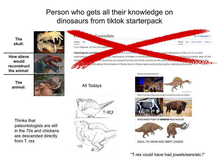Person who gets all their knowledge on dinosaurs from tiktok starterpack correlate The skull: How aliens would reconstruct the animal: Article From Wikipedia, the free encyclopedia Osteological correlate underlying be bone The animal: boredpanda.com Thinks that paleontologists are still in the 70s and chickens are descended directly from T. rex A 2 languages Read Edit View history Tools ches of animis sic osteological correlates in animal anao causal interactions of the soft-tissue and adbony processes seen on the se structures are caused from the pull of the muscles on the underlyig Stimulating the formation of thicker bone in these regions and producing the underlying structures Hey you know spinosaurus? All Todays What if their spine thing was actually more like the hump of a buffalo? 中身 T-REX ATTACHMENT POINT OF IMMENSE NECK MUSCLES IDEAL TO GRAB AND YEET LESSER "T rex could have had jowels/ears/etc.!"