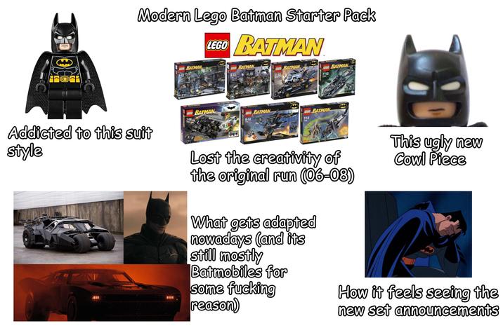 Modern Lego Batman Starter Pack LEGO BATMAN Addicted to this suit style LEGO BATMAN LEGO BATMAN 8-12 7793 LEGO BATMAN 8-12 7785 7-12 7701 LEGO BATMAN 7-12 BATMAN LEGO BATMAN 7-12 7948 LEGO BATMAN 8-12 7762 7780 LEGO BATMAN 7-12 7706 Lost the creativity of the original run (06-08) What gets adapted nowadays (and its still mostly Batmobiles for This ugly new Cowl Piece some f------ reason) How it feels seeing the new set announcements