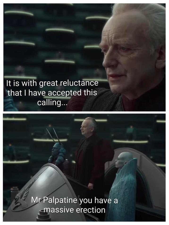 It is with great reluctance that I have accepted this calling... Mr Palpatine you have a massive erection