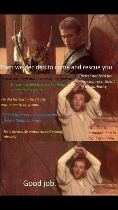 Then we decided to come and rescue you I am a wise Jedi and master of my feelings Sarcasm would only make things Worse at this point He did his best-he clearly wants me to be proud I need to repair our relationship before things turn ugly He's obviously embarrassed enough already Better not feed his growing resentment of my authority No need to humiliate him in front of Padme Good job.