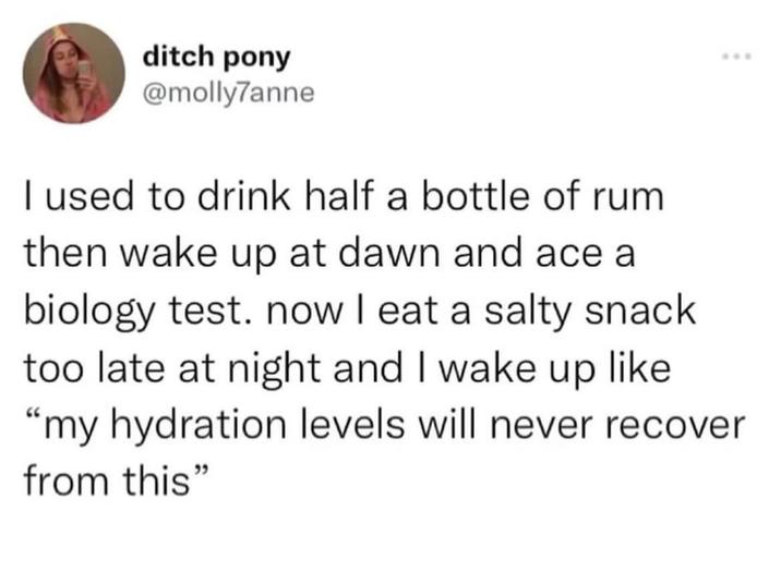 ditch pony @molly7anne *** I used to drink half a bottle of rum then wake up at dawn and ace a biology test. now I eat a salty snack too late at night and I wake up like "my hydration levels will never recover from this"