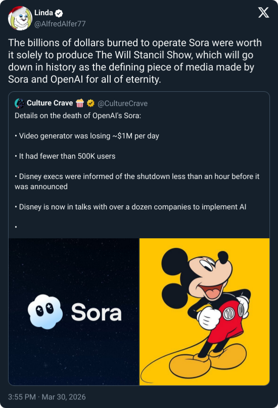 Linda @AlfredAlfer77 The billions of dollars burned to operate Sora were worth it solely to produce The Will Stancil Show, which will go down in history as the defining piece of media made by Sora and OpenAl for all of eternity. Culture Crave @CultureCrave Details on the death of OpenAl's Sora: • Video generator was losing ~$1M per day • It had fewer than 500K users ⚫ Disney execs were informed of the shutdown less than an hour before it was announced • Disney is now in talks with over a dozen companies to implement Al Sora 3:55 PM Mar 30, 2026